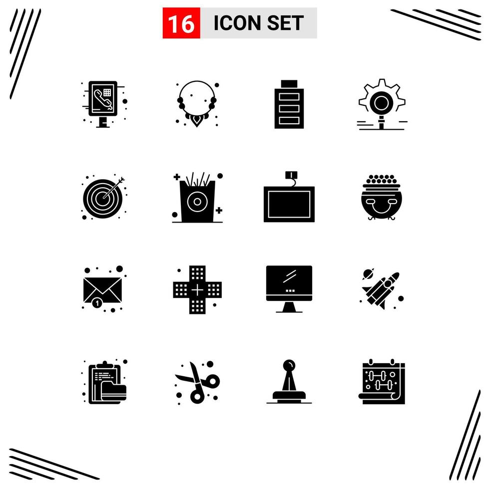 grupo universal de símbolos de iconos de 16 glifos sólidos modernos de elementos de diseño de vectores editables de investigación de ajuste de batería de flecha objetivo