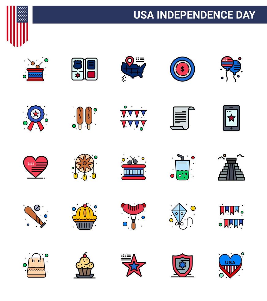 USA Independence Day Flat Filled Line Set of 25 USA Pictograms of fly bloon star maony american Editable USA Day Vector Design Elements