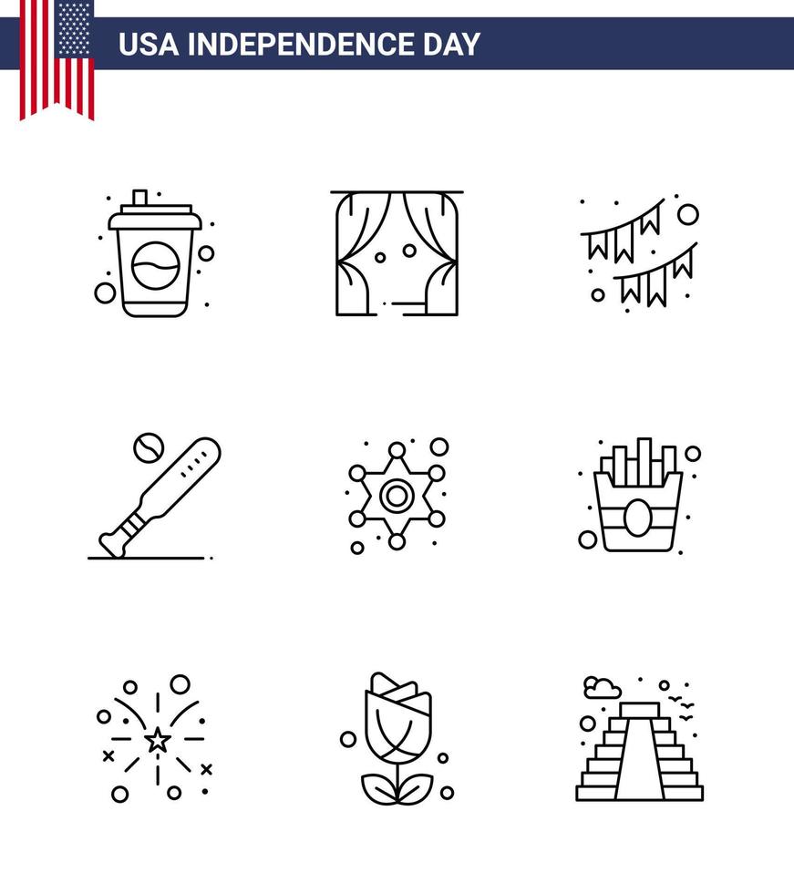 9 Creative USA Icons Modern Independence Signs and 4th July Symbols of usa bat american baseball garland Editable USA Day Vector Design Elements