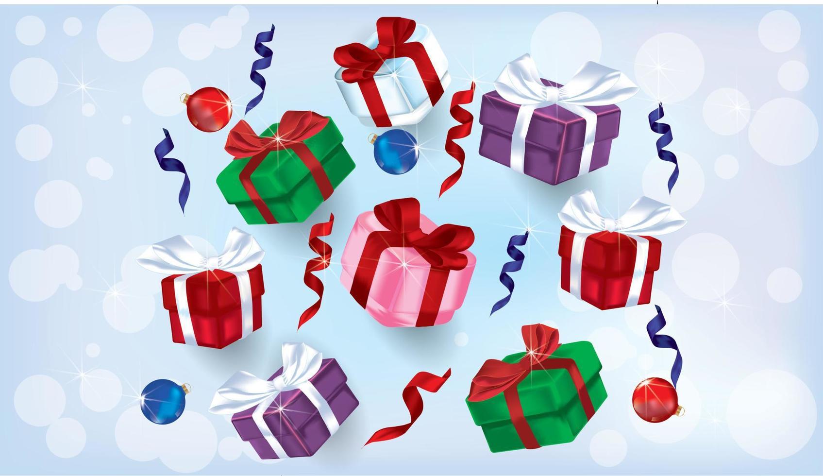 Multicolored Christmas gifts and decorations wide vector