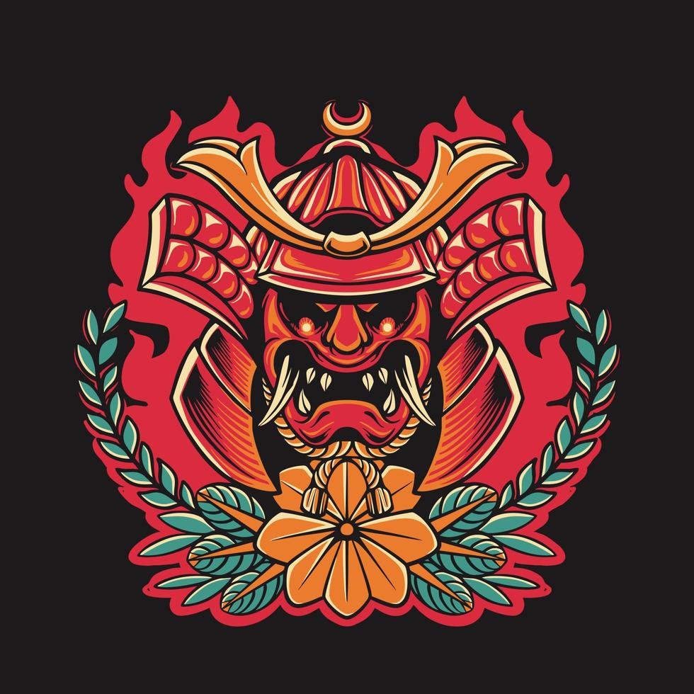 Japanese Samurai With Flower Retro Vector Illustration