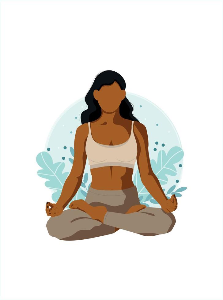 Beneficios del yoga para la salud del cuerpo, la mente y las emociones. mujer muy joven en pose de loto, ilustración plana vectorial. vector