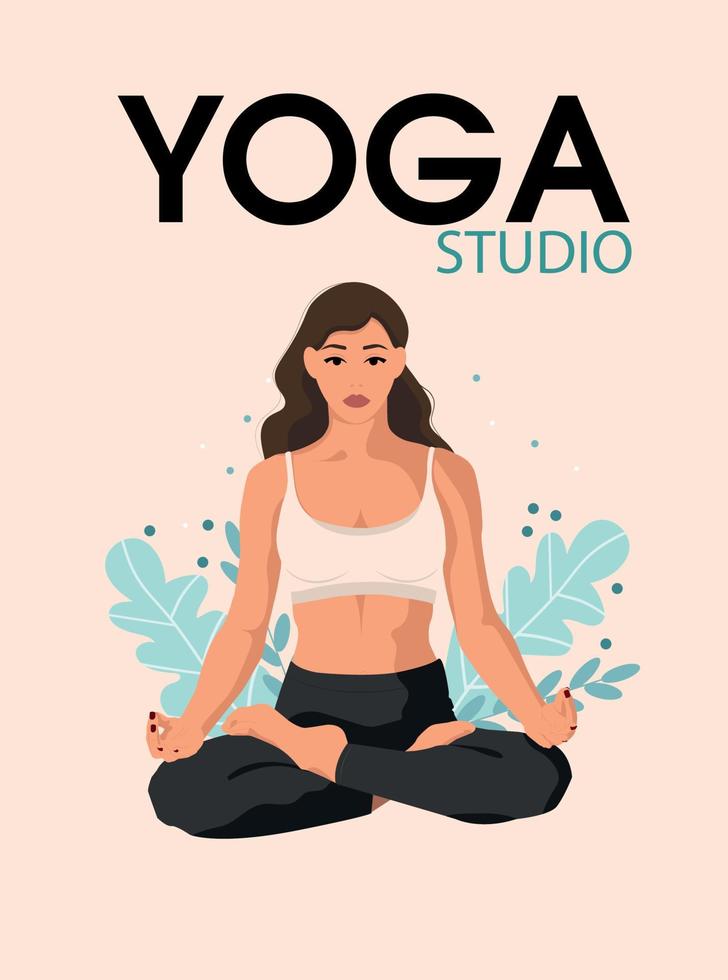 Beneficios del yoga para la salud del cuerpo, la mente y las emociones. mujer muy joven en pose de loto, ilustración plana vectorial. vector