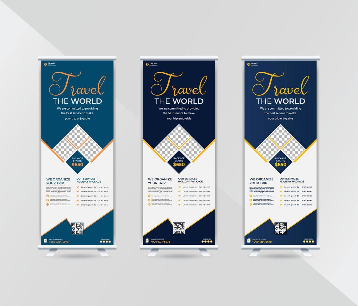 Creative travel and tourism roll up banner template design vector