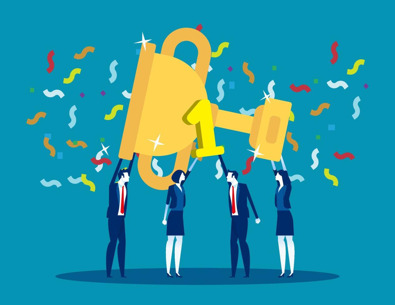 People celebrate success achievement and holding big goblet. Concept business successful vector illustration, Template
