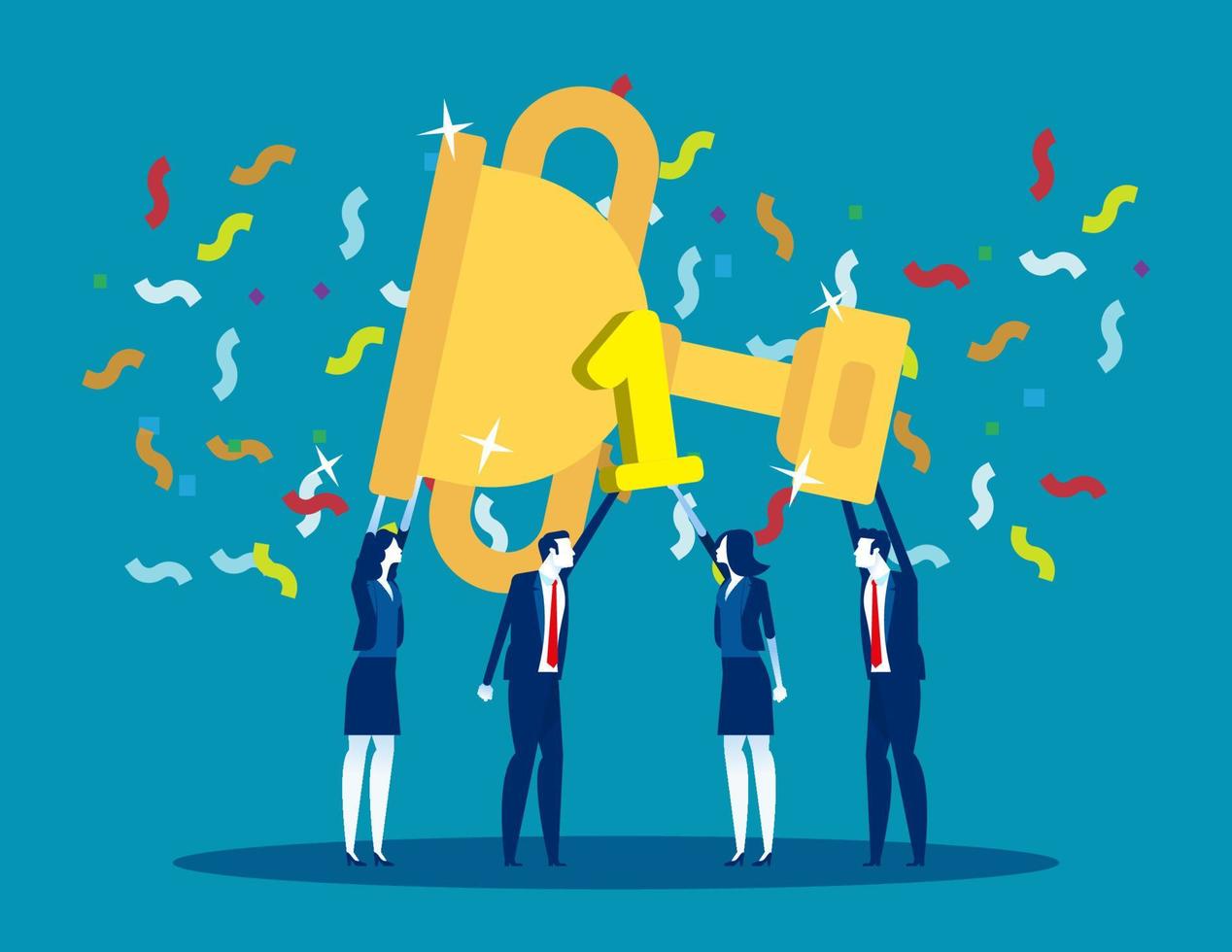 People celebrate success achievement and holding big goblet. Concept business successful vector illustration, Template