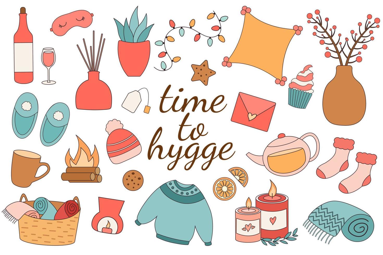 Cosy home element collection. Concept of comfort and coziness. Scandinavian hygge style vector