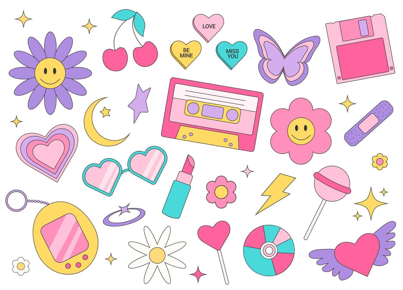 Trendy y2k set in line art style, great design for any purposes. Retro 90s, 00s aesthetic collection. Y2k aesthetic. vector