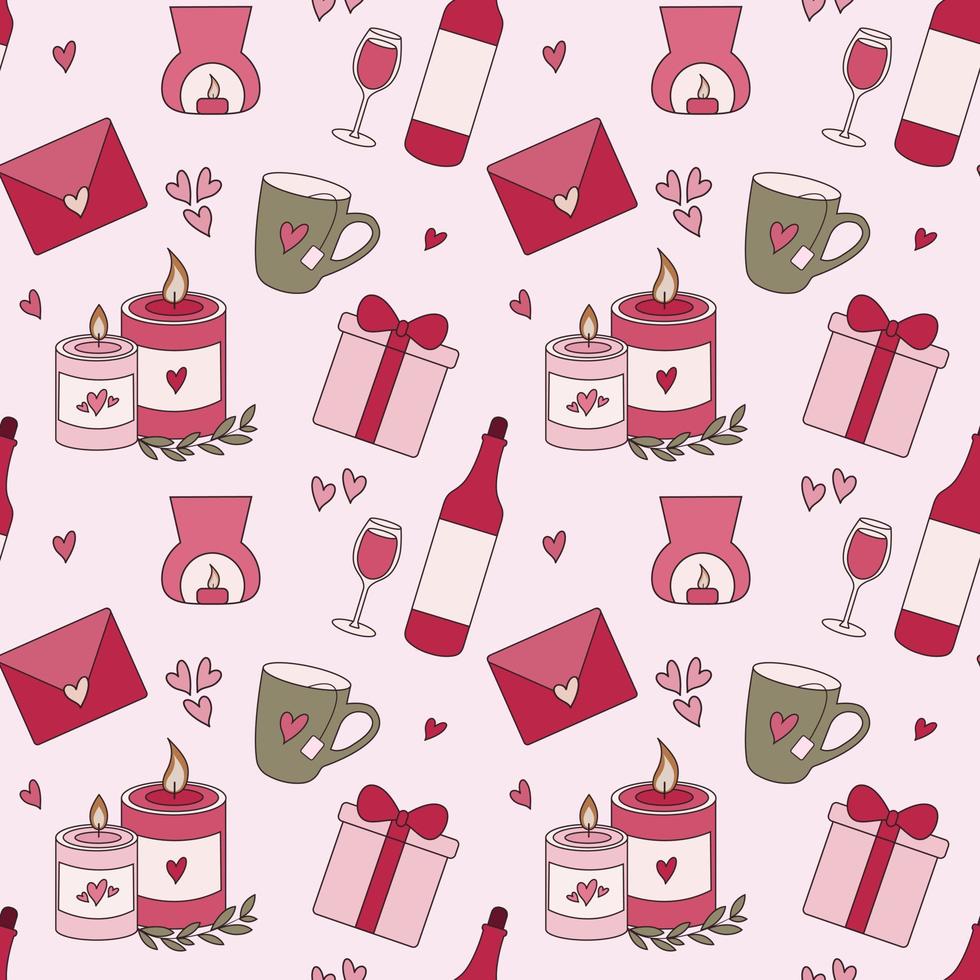 Valentines day seamless pattern with wine, candle and love card vector