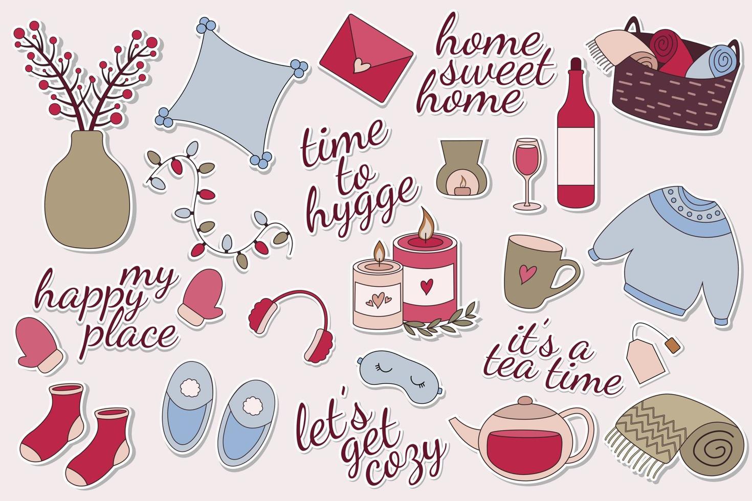 estilo hygge. colección de pegatinas de elementos hogareños acogedores vector