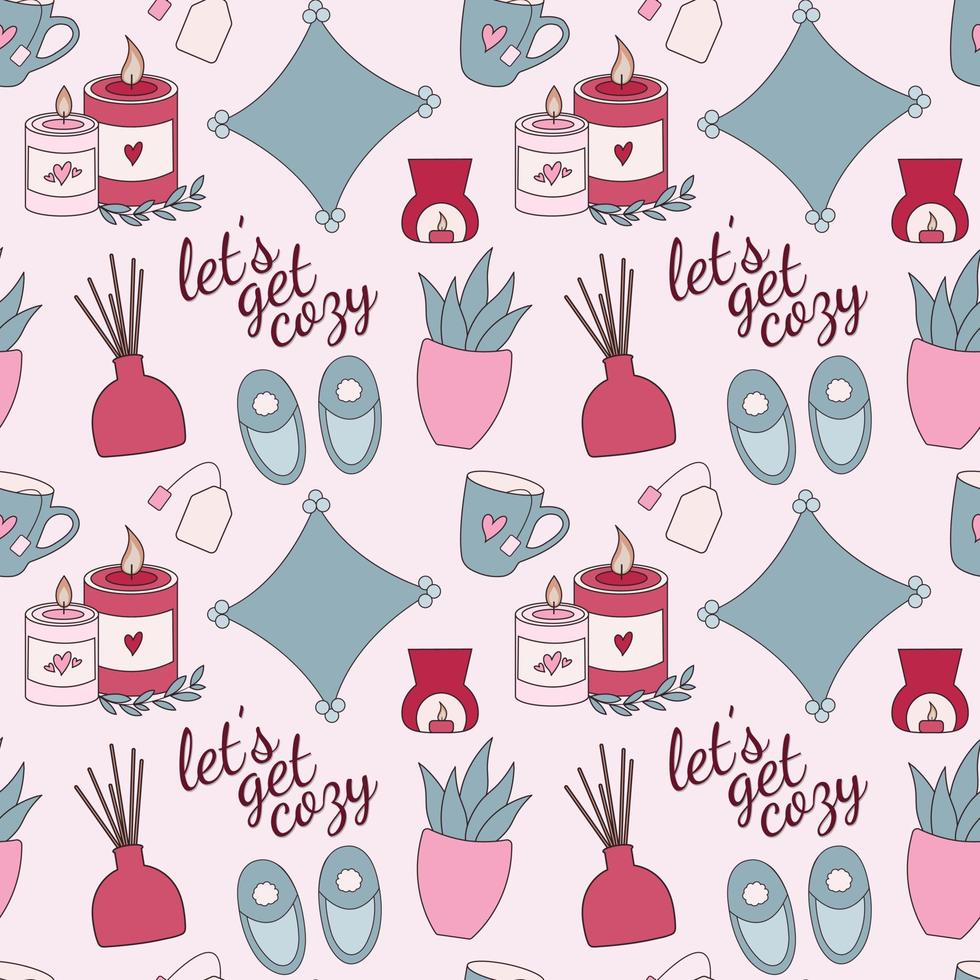 Hygge style seamless pattern with cosy home elements vector