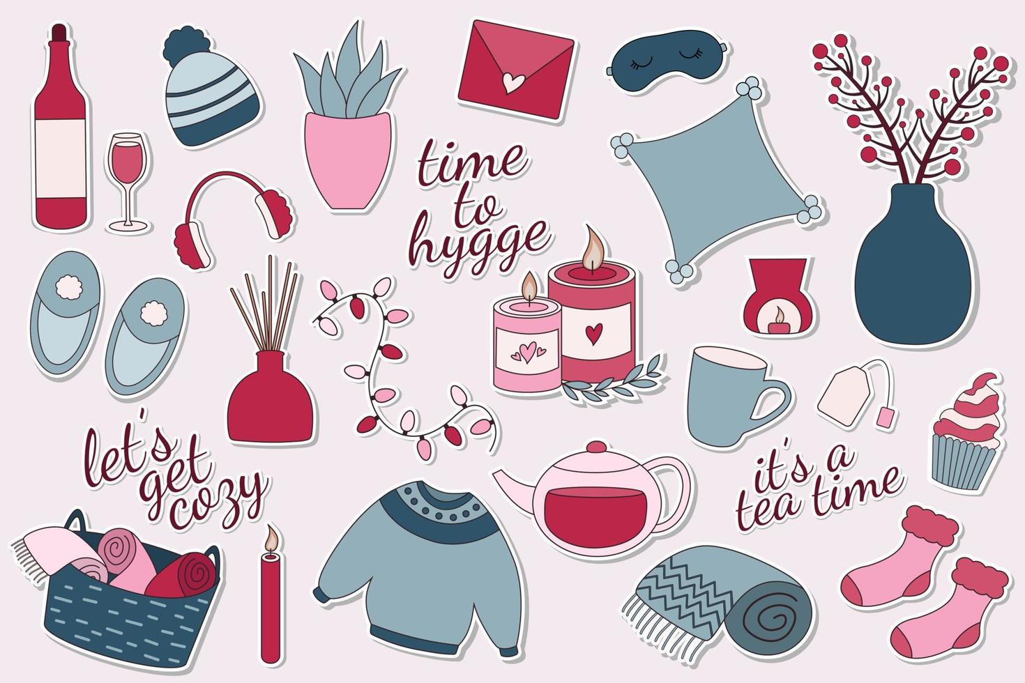 Big sticker collection with hygge style stickers. Cosy home elements vector