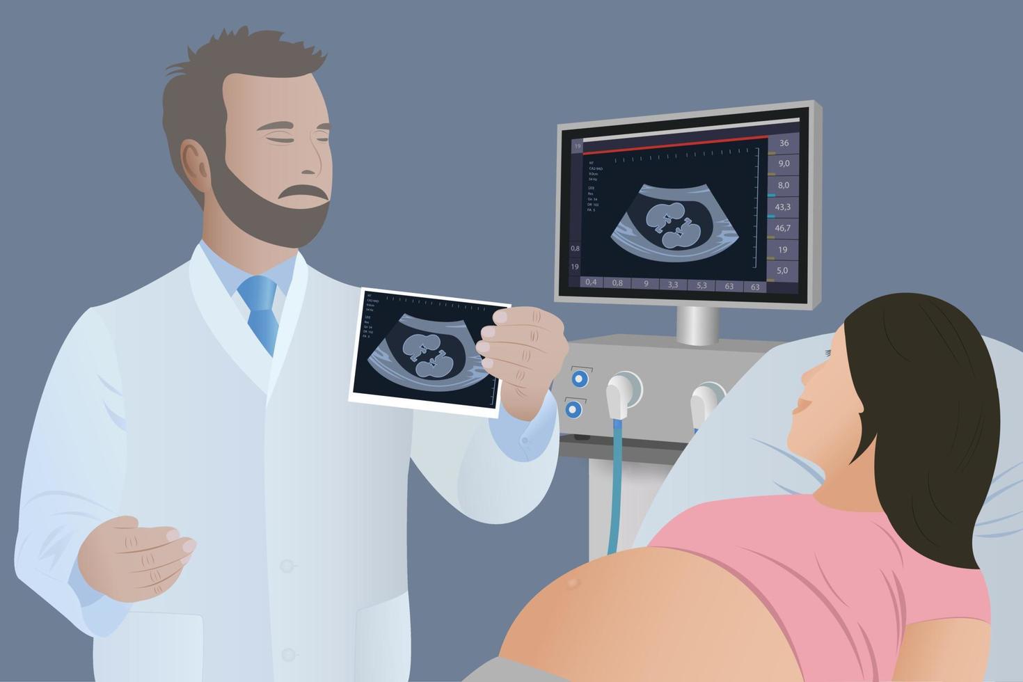 Ultrasound image of newborn twins in the doctor's hand and on the monitor. Silhouette of twin fetus in mother's womb, pregnancy diagnostic sonography or ultrasound concept vector