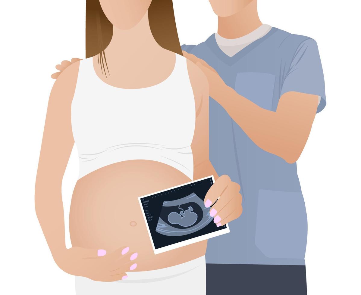 Pregnant woman with ultrasound of her baby. Happy mother-to-be holds the first photo of her unborn child in her hand vector