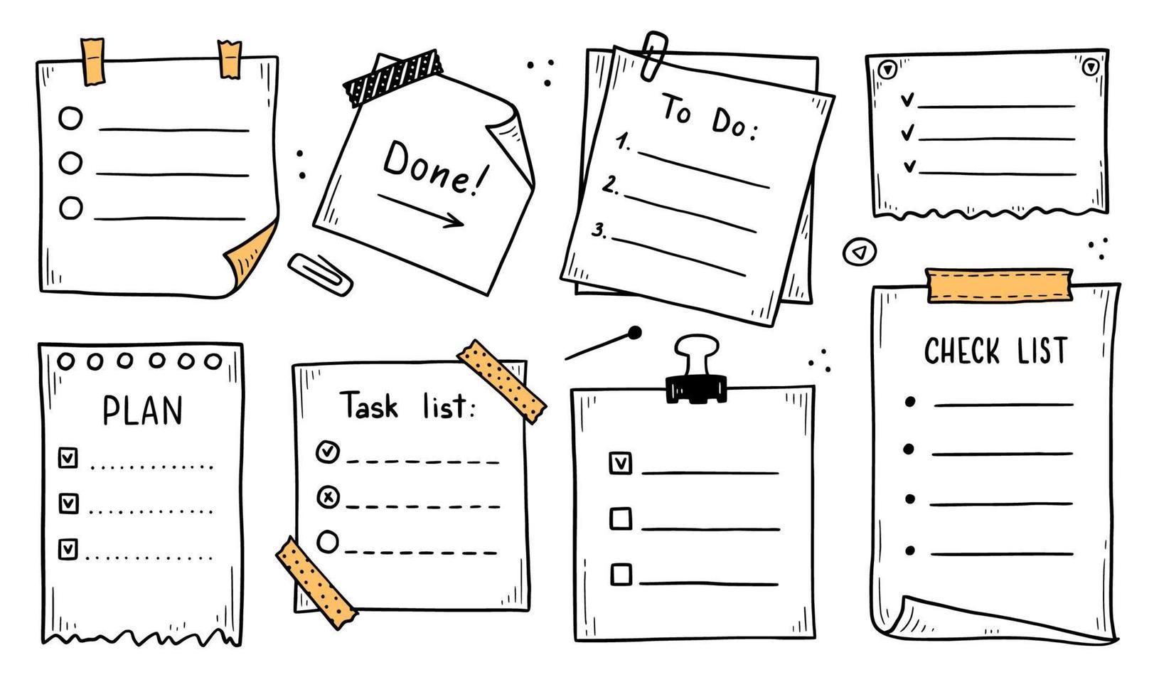 Doodle checklist set. To do, task list vector