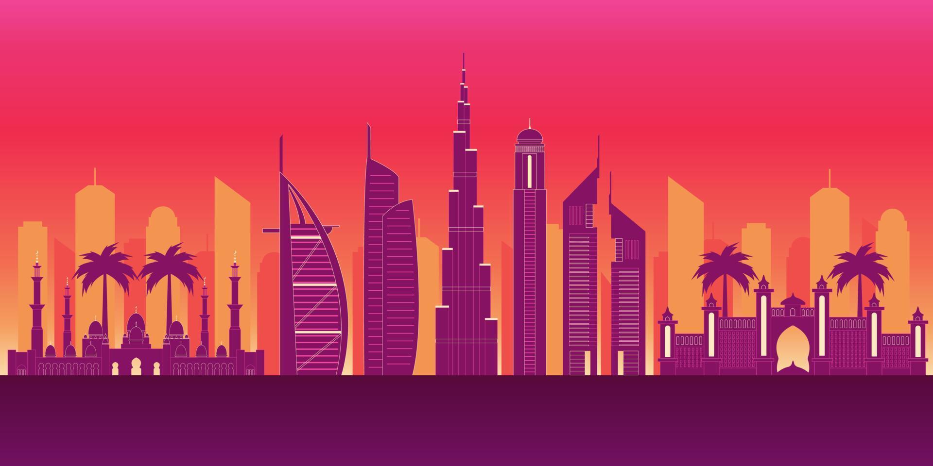 Dubai silhouette vector illustration. Vector illustration with all famous towers. United Arab Emirates skyscraper buildings silhouette.