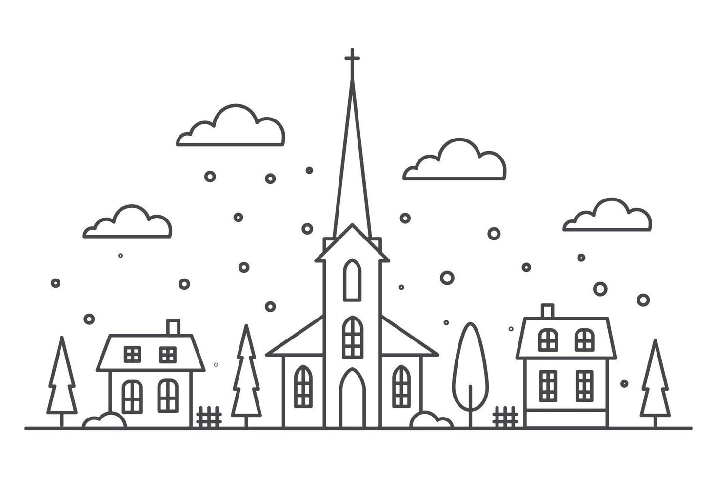 Suburban neighborhood winter landscape. Silhouette of houses and church on the skyline with snowflakes. Countryside cottage homes. Outline vector illustration.