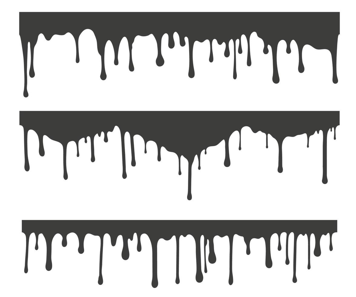 Melted drips and liquid paint drops. Current chocolate, ink, honey or syrup. Oil and cream blobs. Vector seamless border.