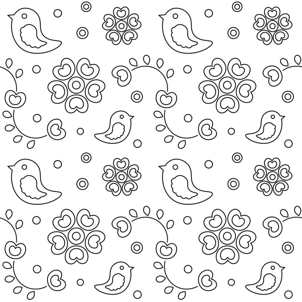 Seamless pattern with birds and flowers. Line vector illustration of floral black and white ornament.