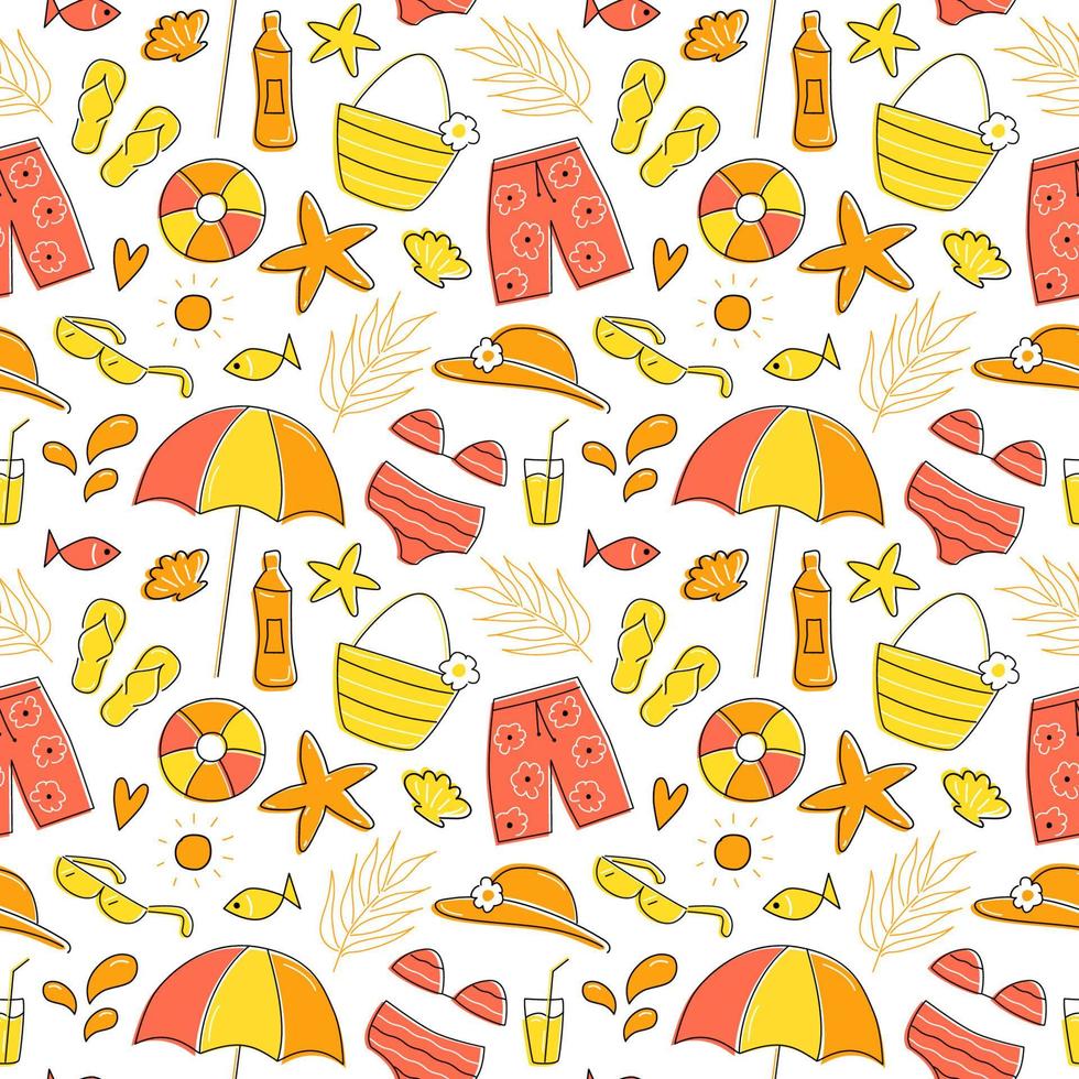 Seamless pattern with sea beach elements. Summer Vector illustration in yellow and orange colors. Doodle style.
