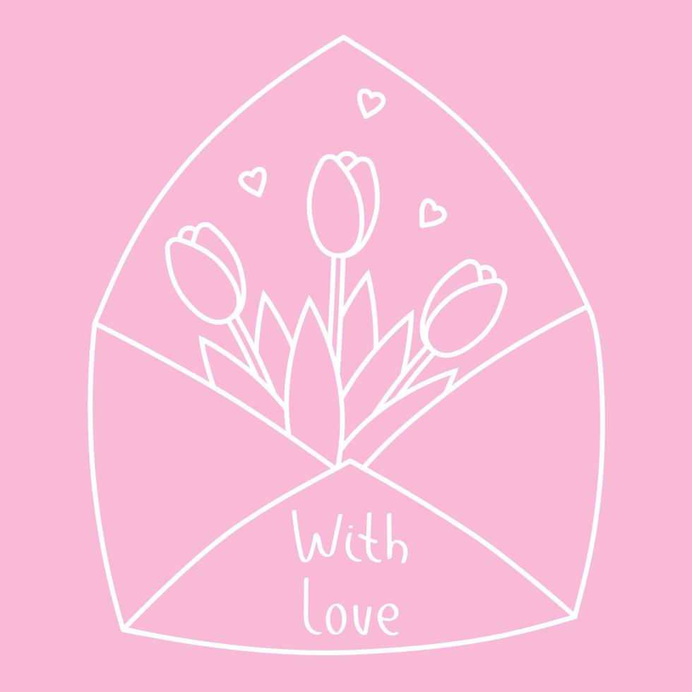 sobre con flores y corazones sobre fondo rosa. ilustración de vector de línea para tarjeta de felicitación.