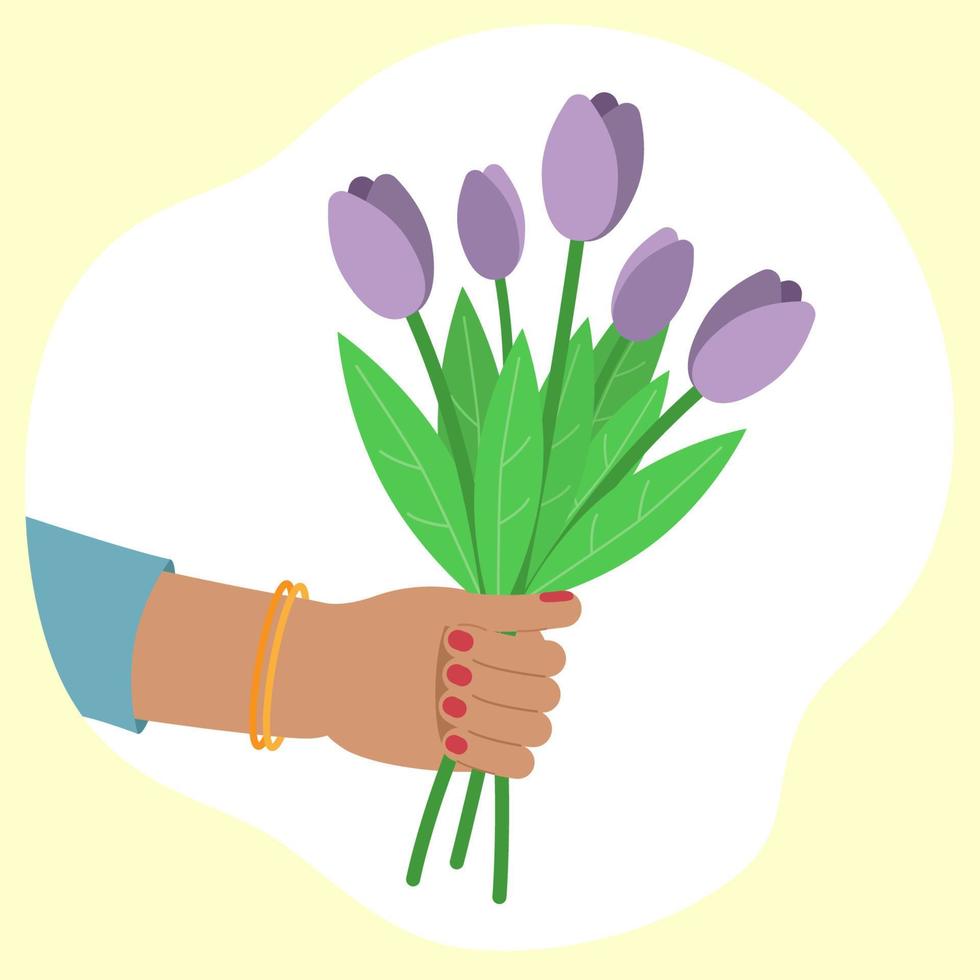 Hand holds bouquet of flowers. Purple and violet tulips. Vector design illustration for women's and mother's day.