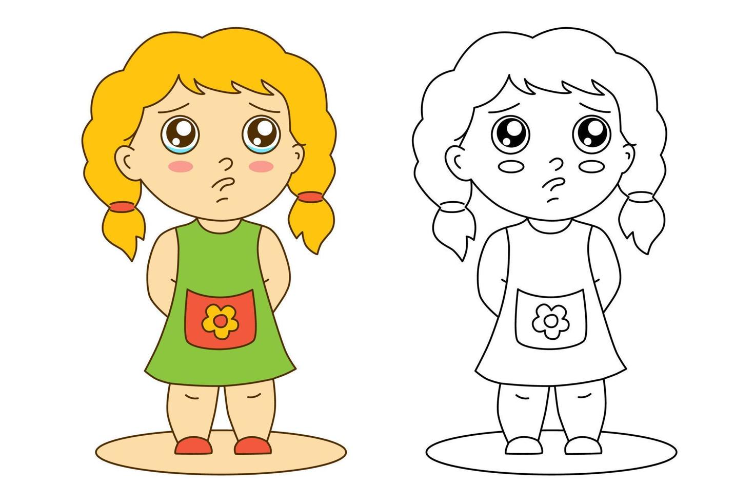 Sad little girl. Drawing of offended child. Isolated vector illustration. Coloring page, hand drawn doodle sketch style.