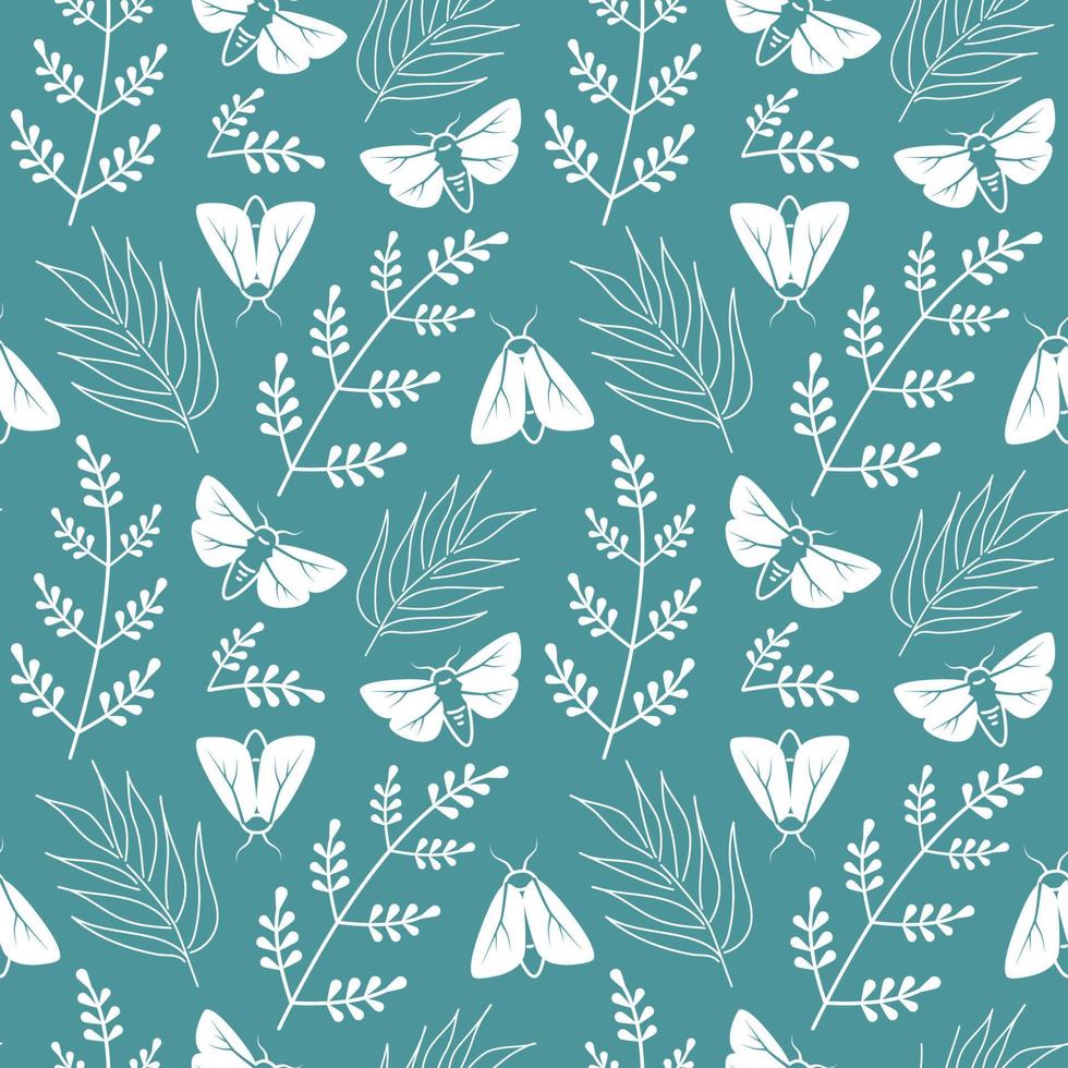 White moths. Seamless pattern on dark background. Vector illustration butterflies on blue background.