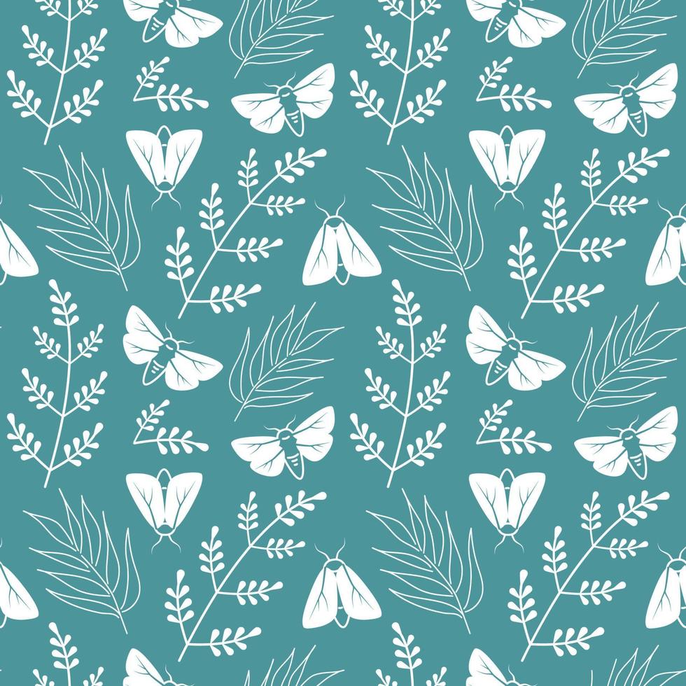 White moths. Seamless pattern on dark background. Vector illustration butterflies on blue background.