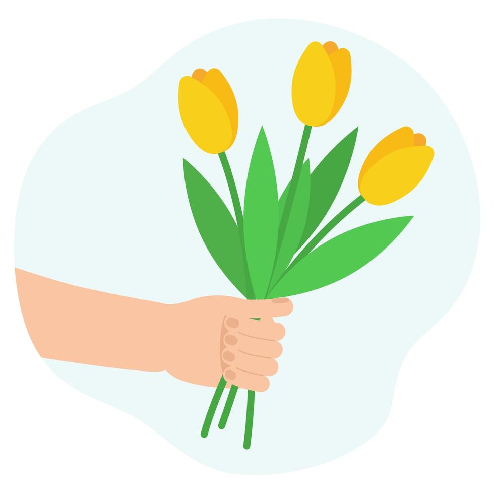 Hand holding bouquet of flowers. Vector illustration of yellow tulips. Design for woman's day and mother's day.