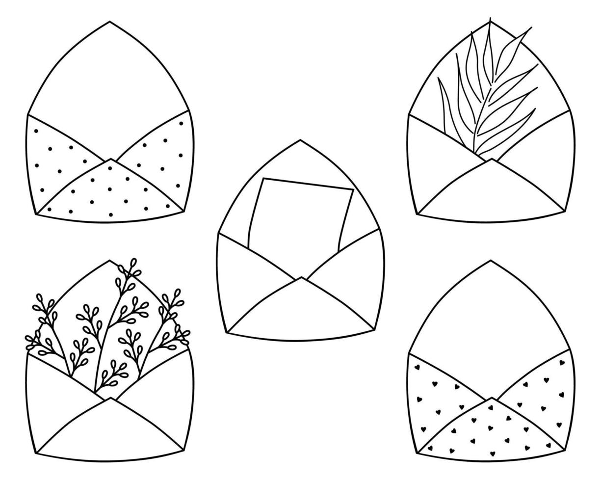 Hand drawn envelopes with plant elements and patterns. Line vector illustration on white background. Doodle style.