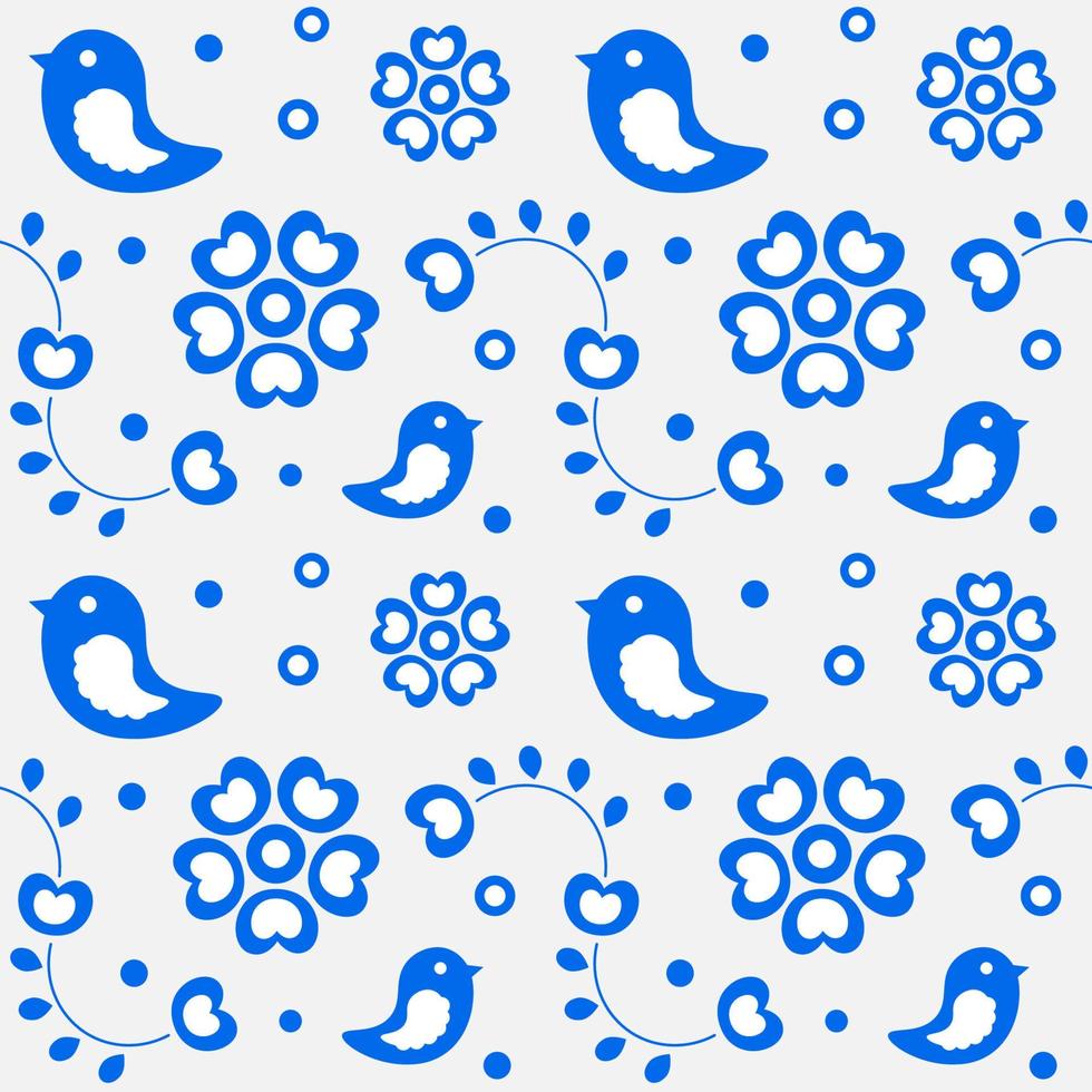 Seamless pattern with birds and flowers. Floral Vector illustration white and blue colors.