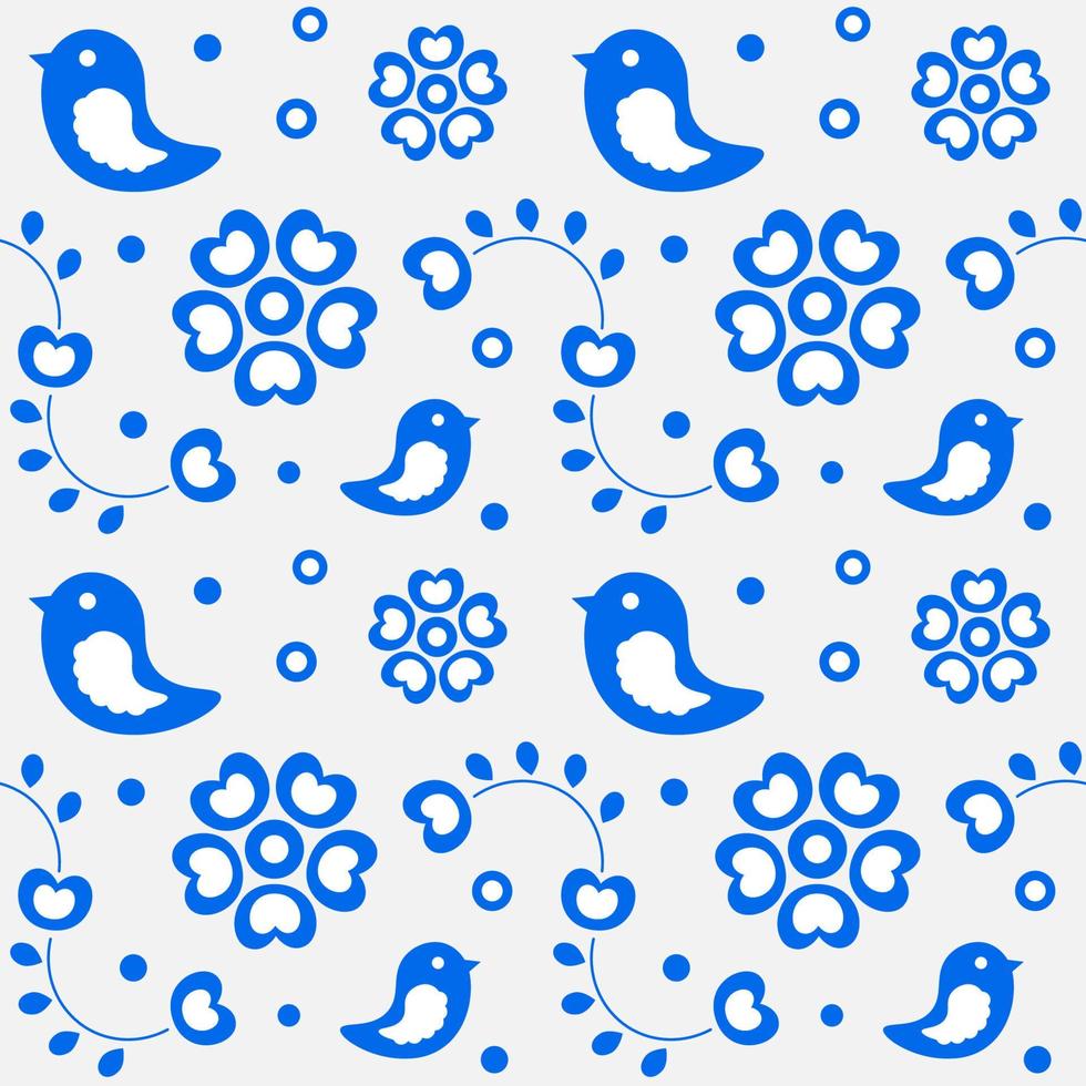 Seamless pattern with birds and flowers. Floral Vector illustration white and blue colors.