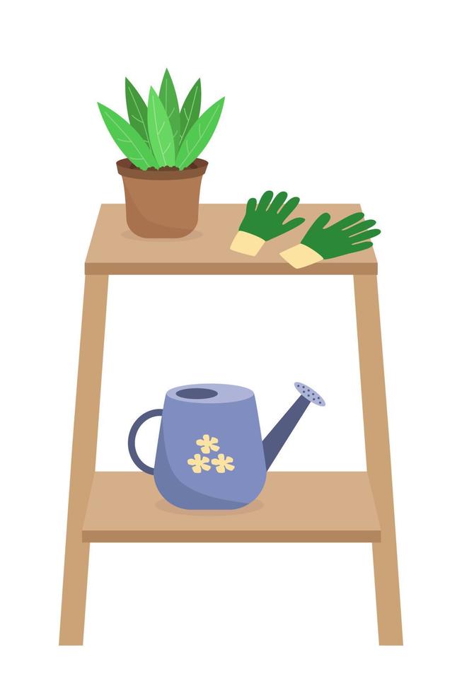 Garden set with watering can, rubber gloves and potted plant. Vector illustration of wooden stand on white background.