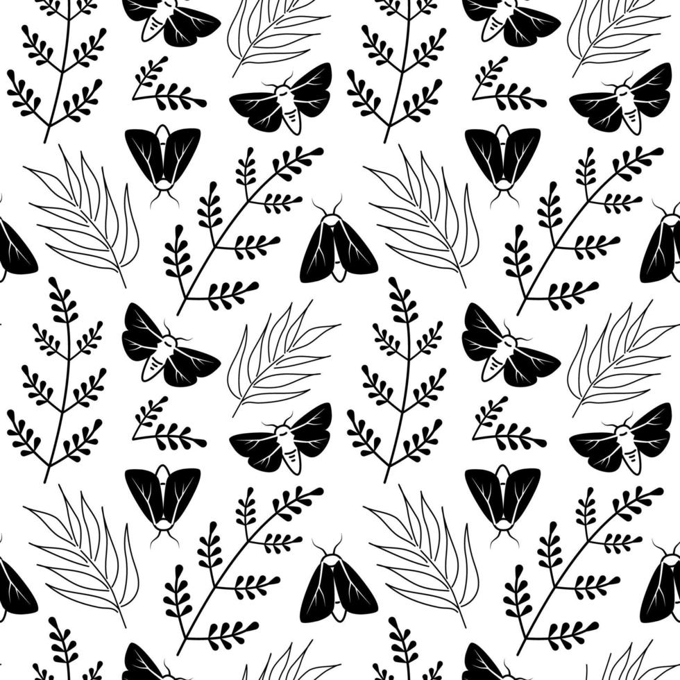 Black moths. Seamless pattern. Vector illustration black butterflies and plants on white background.