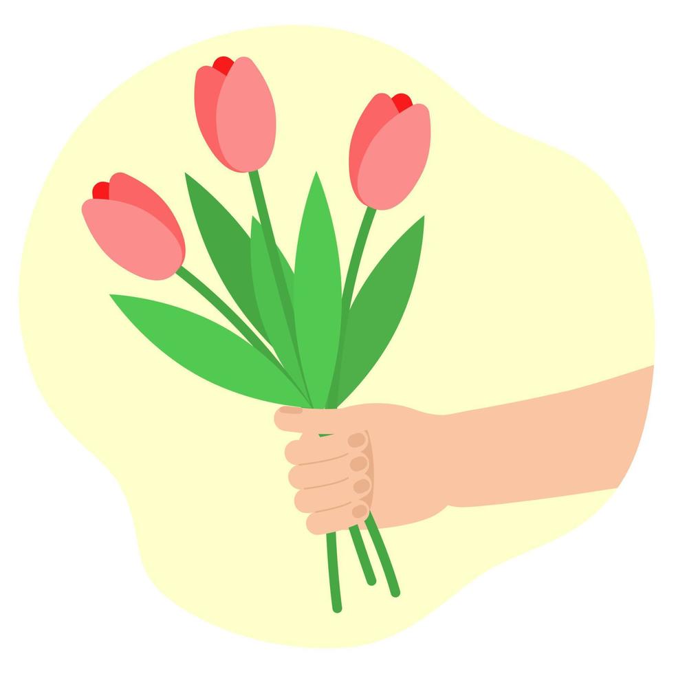 mano que sostiene el ramo de flores. ilustración vectorial de tulipanes rojos sobre fondo blanco. diseño para el día de la mujer y el día de la madre. vector