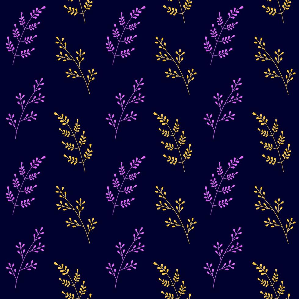 Elegant plant seamless pattern on dark background. Vector illustration of simple field twigs with leaves.