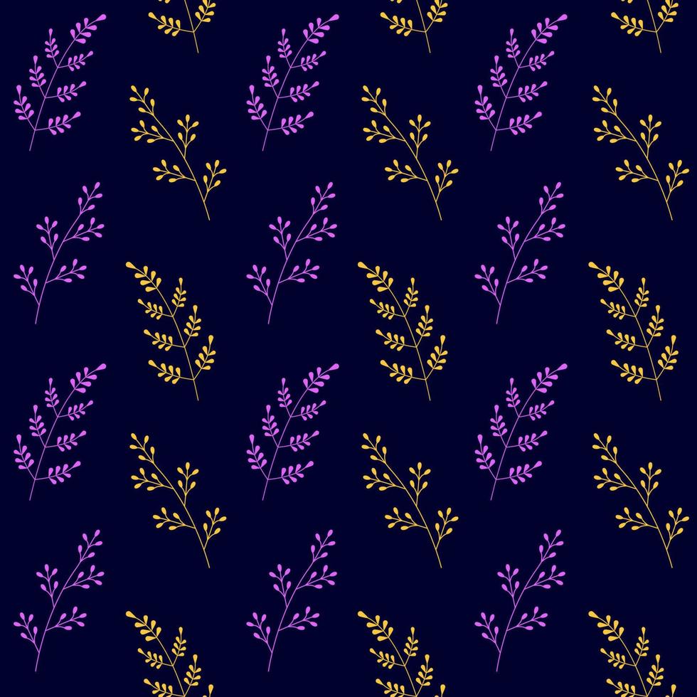 Elegant plant seamless pattern on dark background. Vector illustration of simple field twigs with leaves.