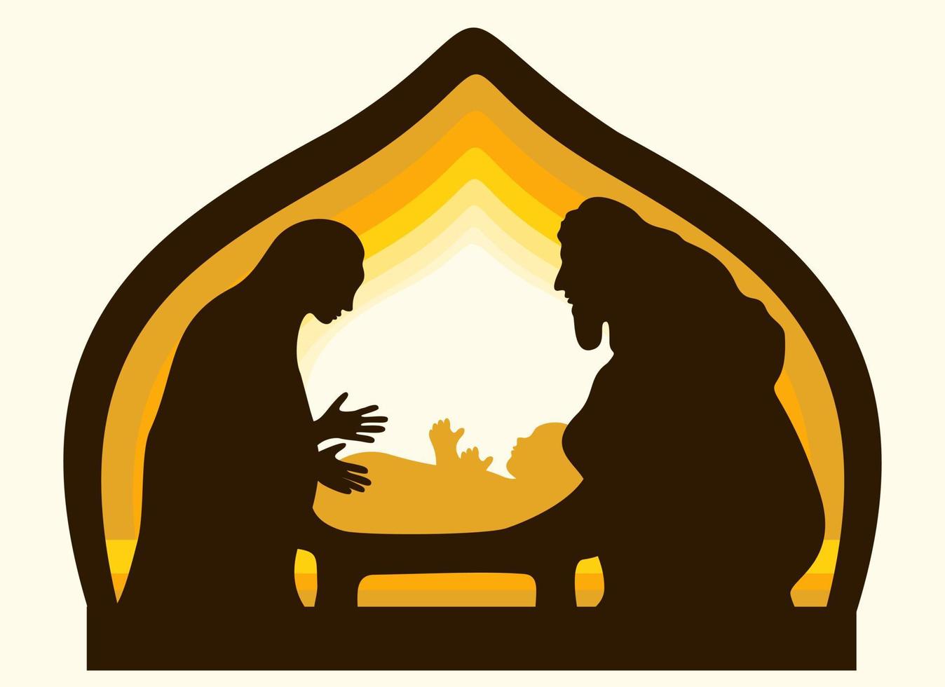 Bethlehem Cave. Maria and Joseph at the cradle of son. vector