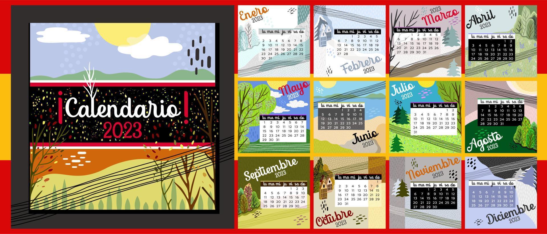 calendario 2023 en idioma español. colorido calendario mensual con varios paisajes. portada y 12 páginas mensuales. la semana comienza el lunes, ilustración vectorial. páginas cuadradas. vector