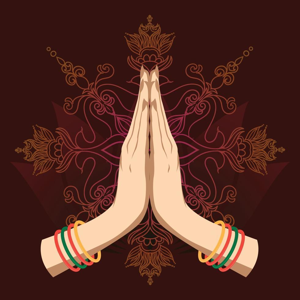 ilustración de karma representado con namaste, postura de saludo de mano de mujeres indias de namaste con ilustración de vector de flor de loto