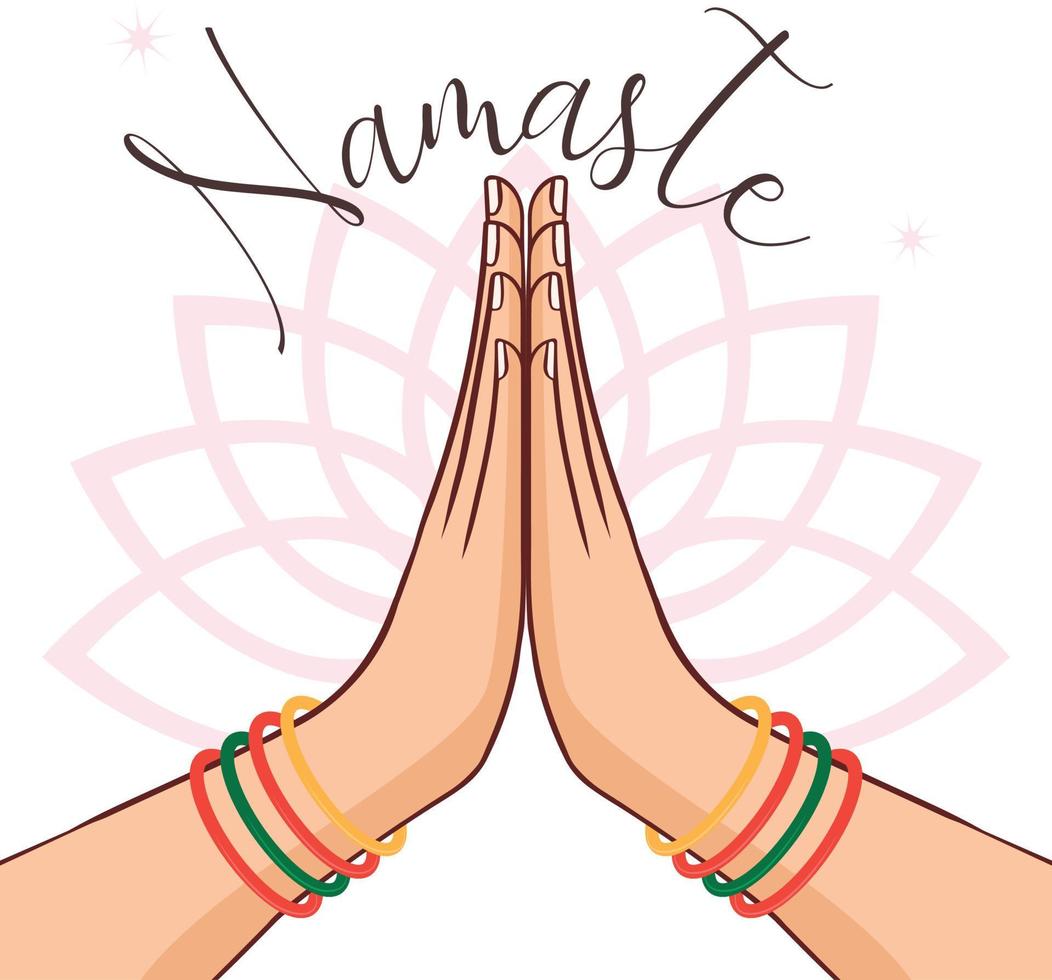 ilustración de karma representado con namaste, postura de saludo de mano de mujeres indias de namaste con ilustración de vector de flor de loto