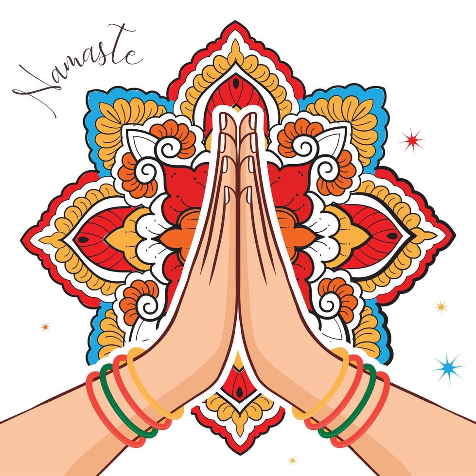 ilustración de karma representado con namaste, postura de saludo de mano de mujeres indias de namaste con ilustración de vector de diseño de mandala