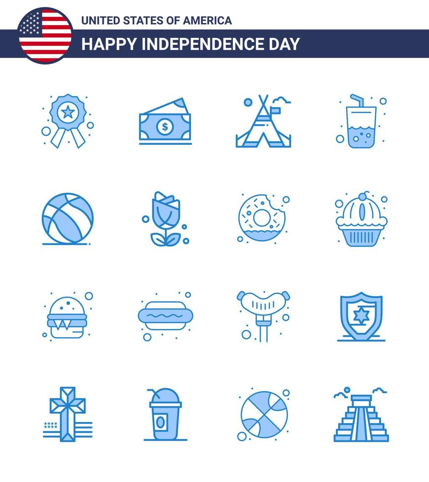 Set of 16 Vector Blues on 4th July USA Independence Day such as ball cola tent free summer glass Editable USA Day Vector Design Elements