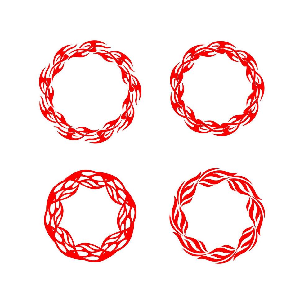 Flame circles set. Round fire frames for designs. Vector illustration isolated on a white background