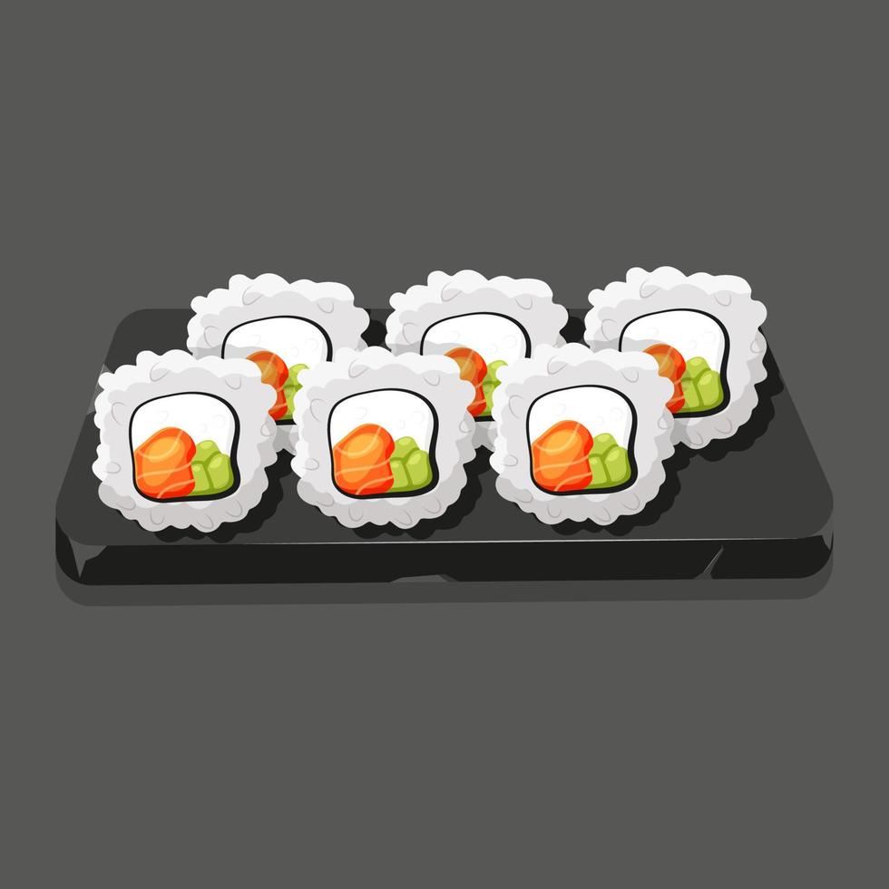 Stone plate with set of sushi rolls with rice, nori and salmon with cucumber. Asian food cartoon vector