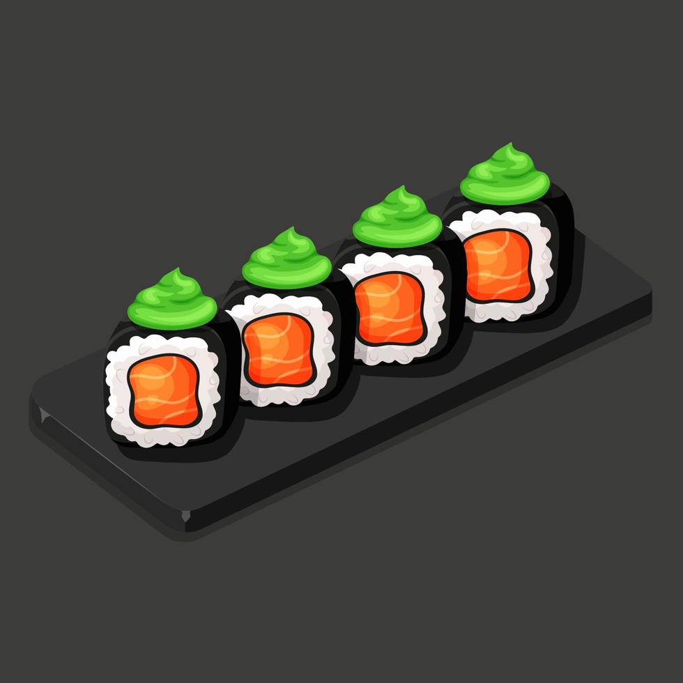 Set of nori sushi rolls with salmon and wasabi sauce on the stone plate. Asian food cartoon vector
