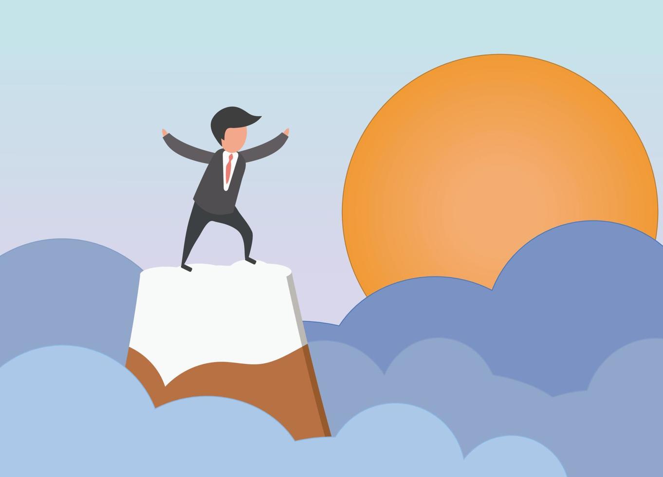 Businessman or Businessmen stand on top of mountain at sky , Step up the top to success, goal in life, and progress in the job concept business growth and the path to success vector illustration.