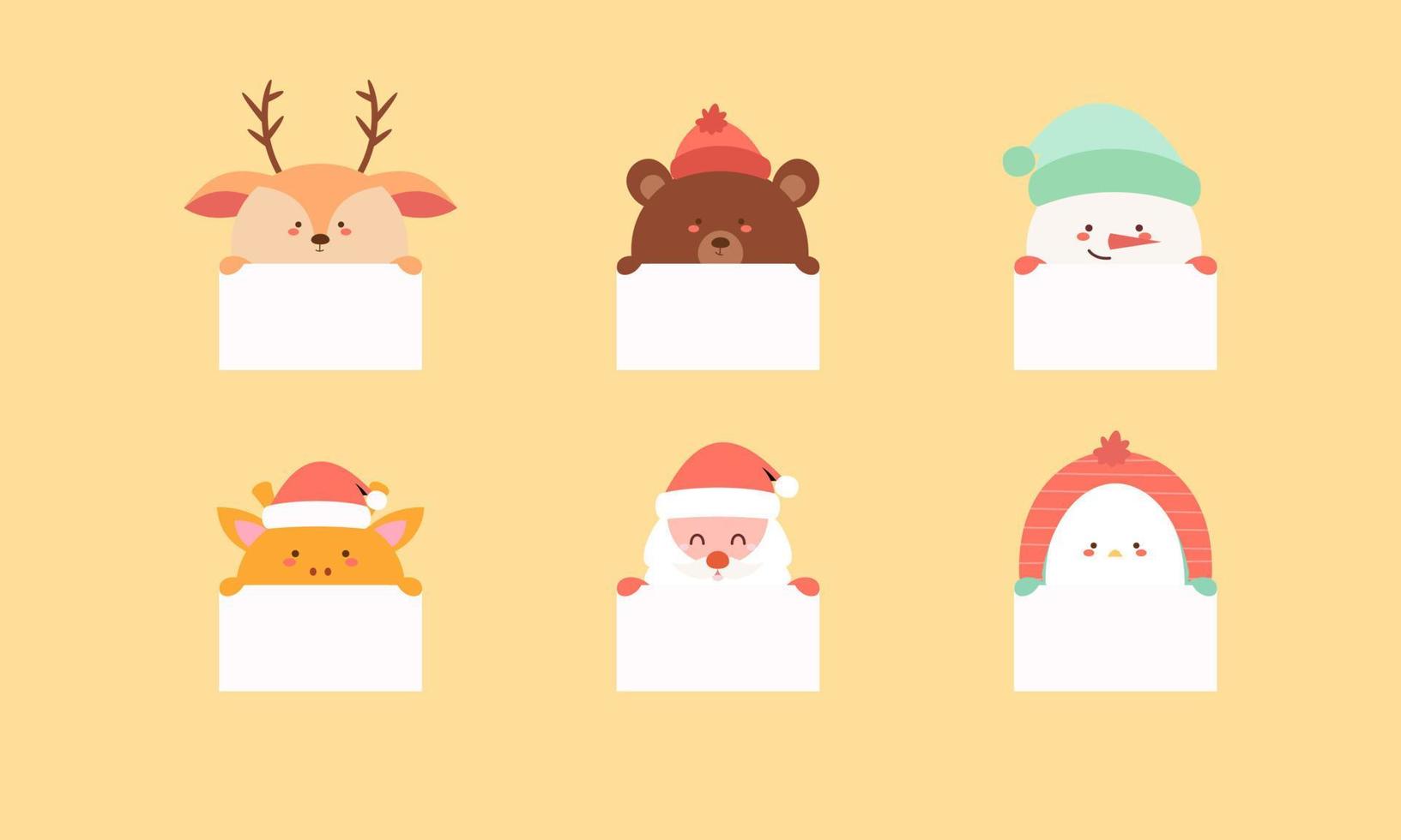 Set of Cute Christmas Character Holding a Copy Space Card Vector