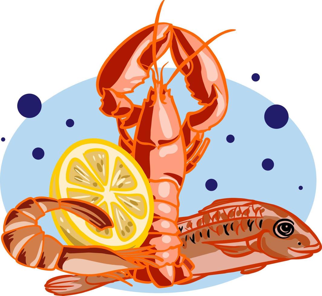 vector de mariscos pescados de mar mariscos y langostas en la ilustración del mercado de pescado juego de pesca de gambas de salmón para la cena gourmet del océano aislado sobre fondo blanco.